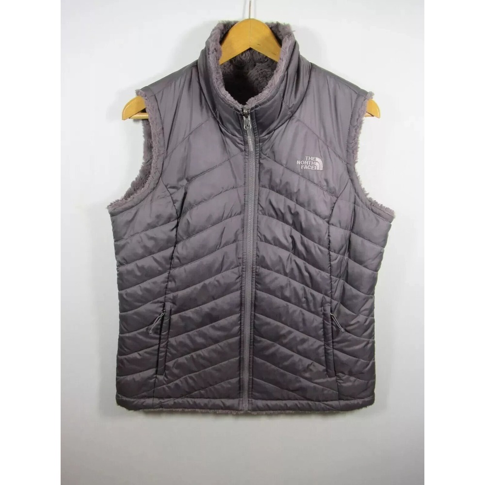 The North Face Faux Fur Quilted Reversible Vest Women Large Full Zip Purple-Gray